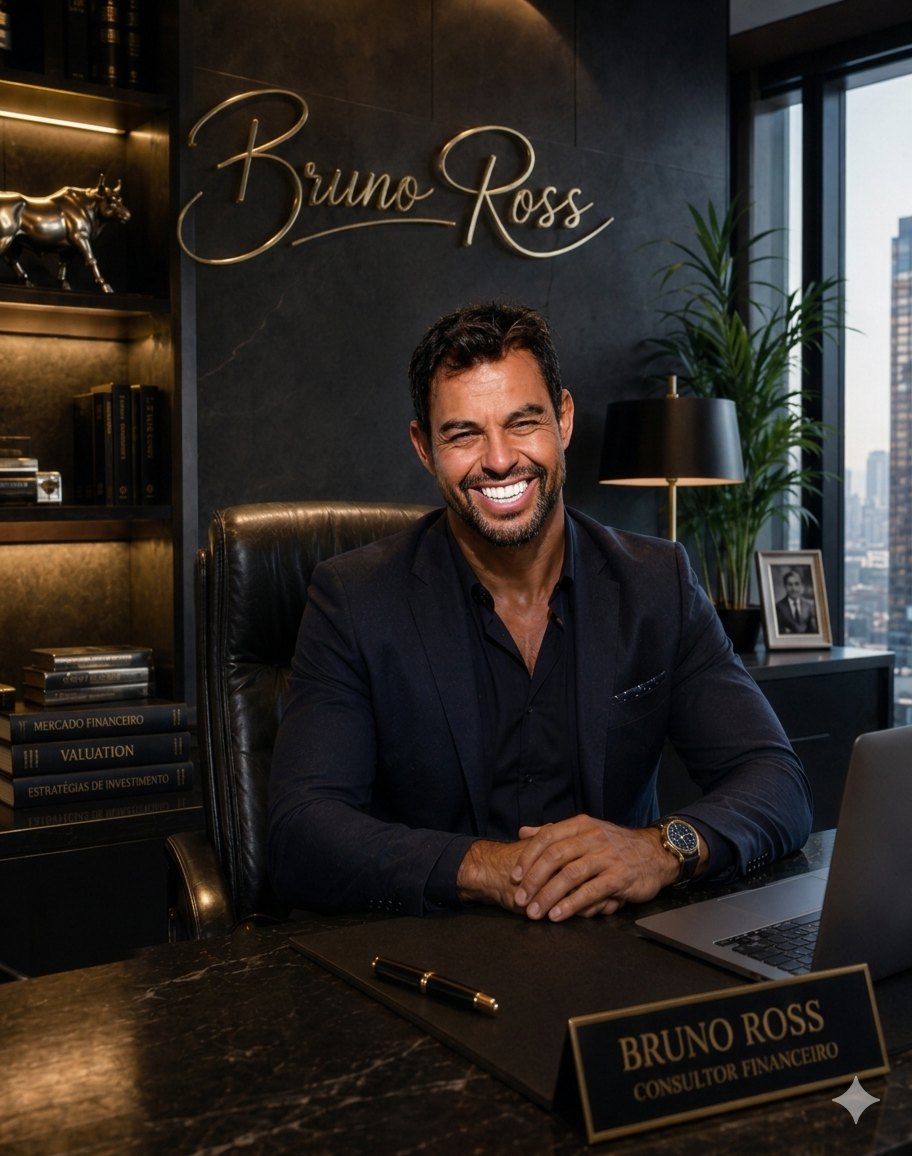 Bruno Ross em seu escritório, sorrindo, com logo dourado Bruno Ross na parede ao fundo